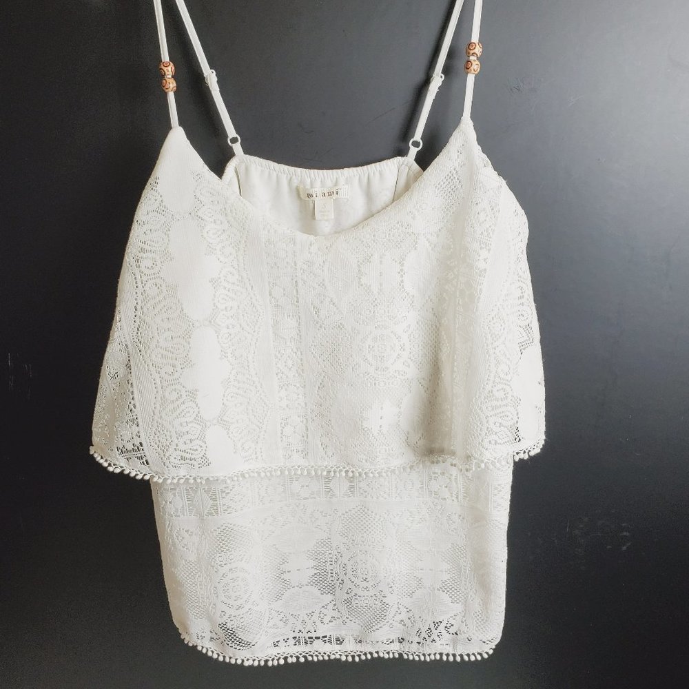 Miami Lace Cream White 2-Tier Lace Top Adj Straps Pom Pom Trim Fully Lined Sz S